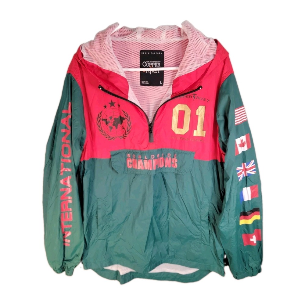 Copper Rivet Mens L Windbreaker Jacket Red Green Worldwide Champions Flags